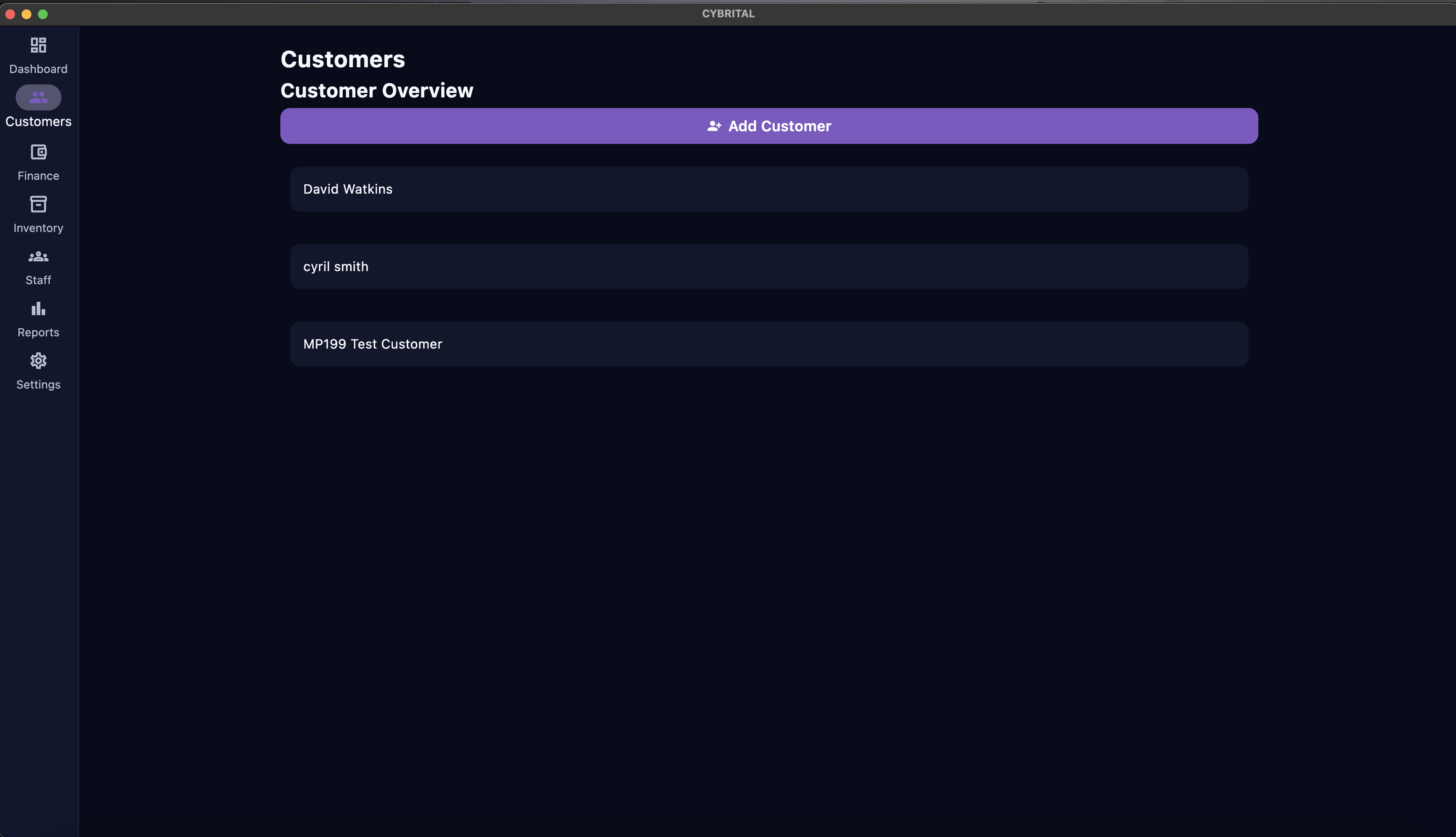 CYBRITAL Customers screen