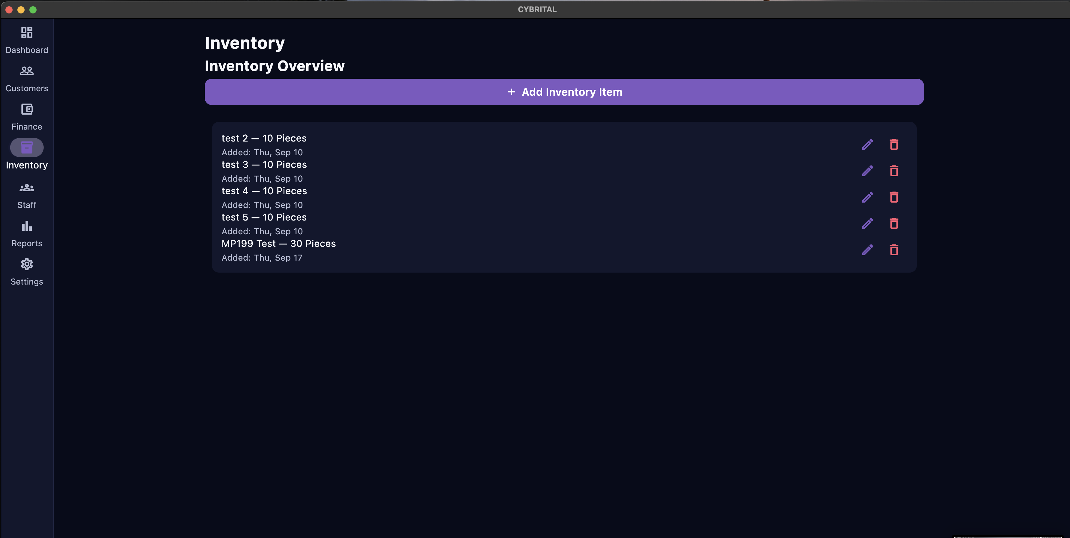 CYBRITAL Inventory screen